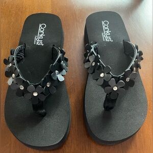 Corkys Black Flower Flip Flops Sandals